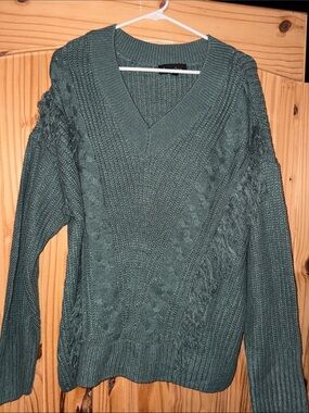 V-Neck Cable Knit Sweater in darker green plus size 2X Alison Andrew’s